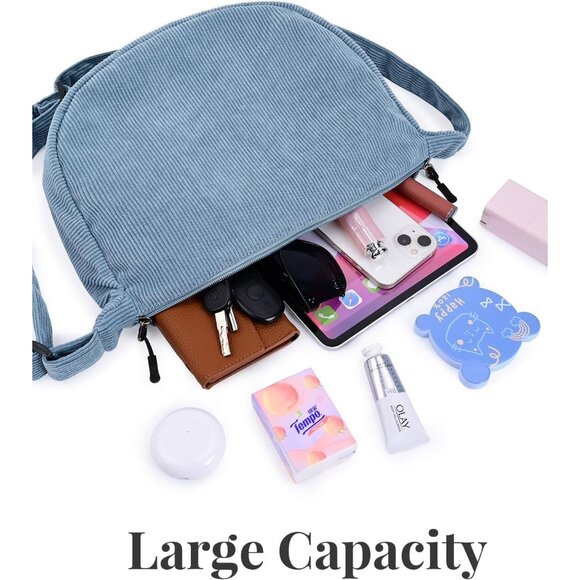 Women Corduroy Blue Imported Polyester Crossbody Lightweight Crescent Sling Bag - Picture 3 of 6